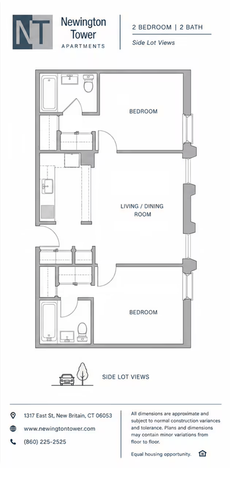 Floor plan for 2 beds, 2 baths, 940 sqft